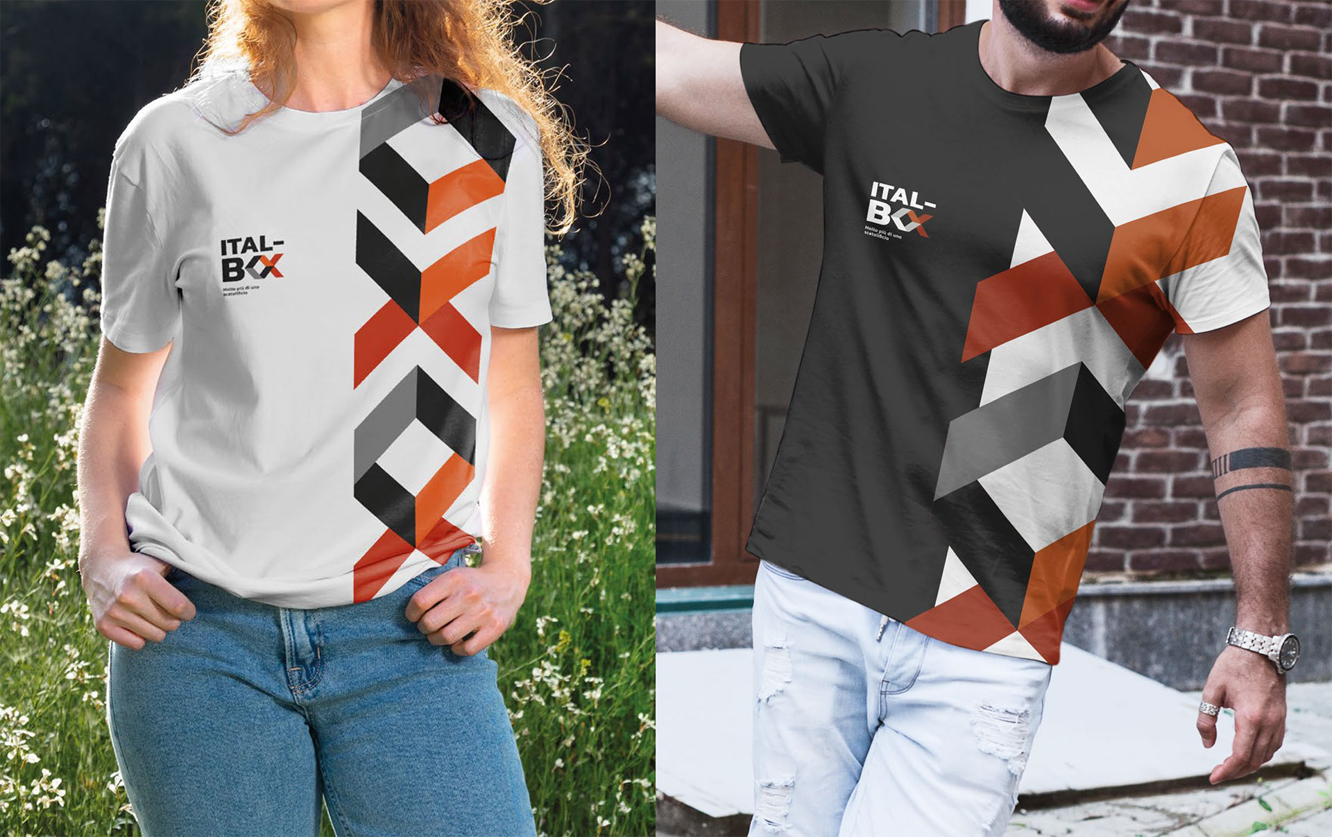 Mockup t-shirt Ital-Box con pattern geometrico arancione e bianco, uomo e donna