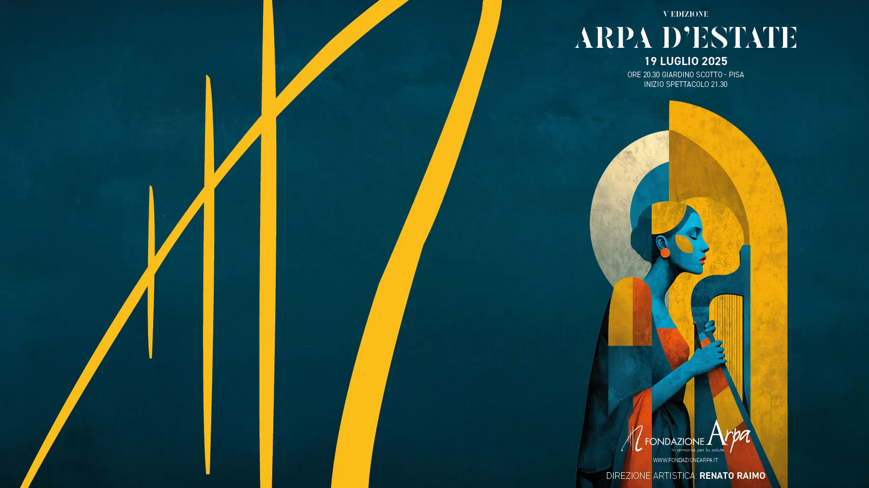 Locandina Arpa d'estate 17 luglio 2025 con figura blu astratta