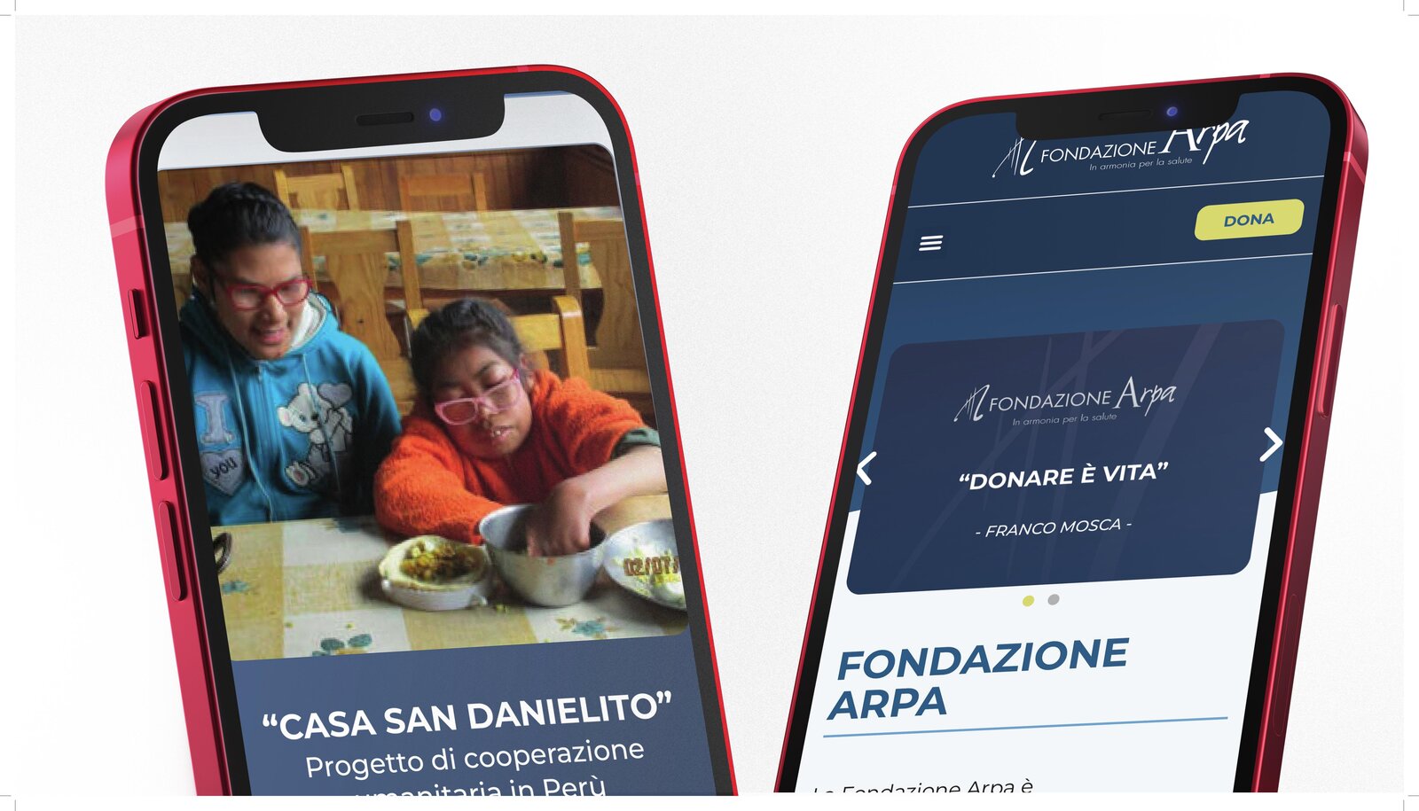 Mockup smartphone Fondazione Arpa, casa San Danielito Perù e sezione Donare è Vita